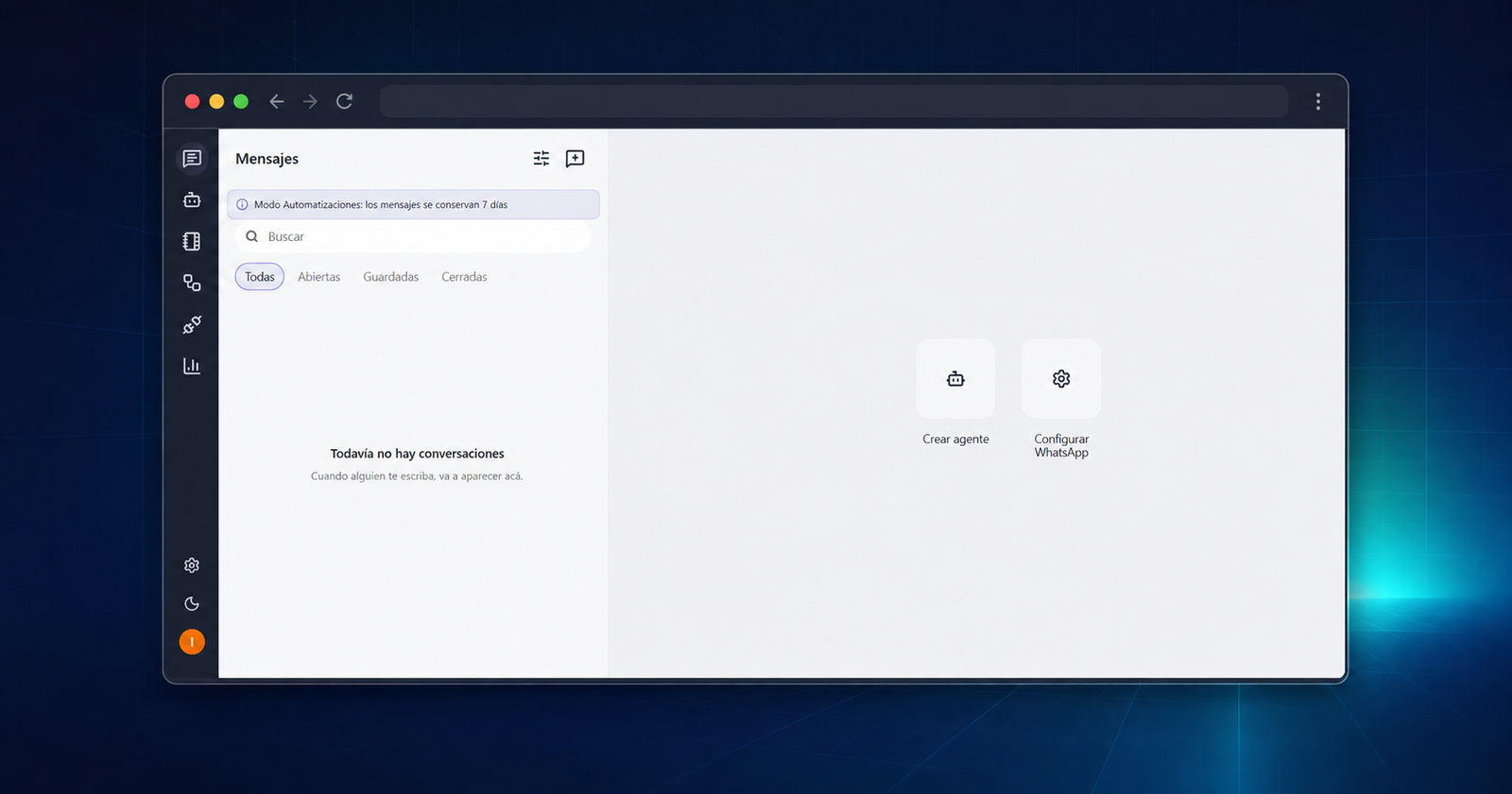 Pantalla demo de Chat Tico con bandeja de mensajes y configuración de WhatsApp