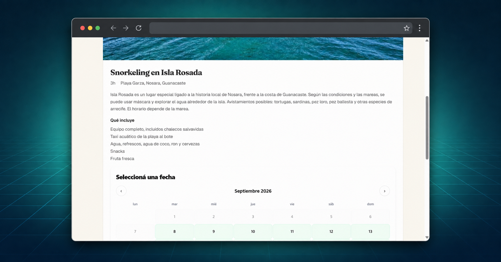Pantalla demo de Tours Tico Online con información del tour y calendario de disponibilidad